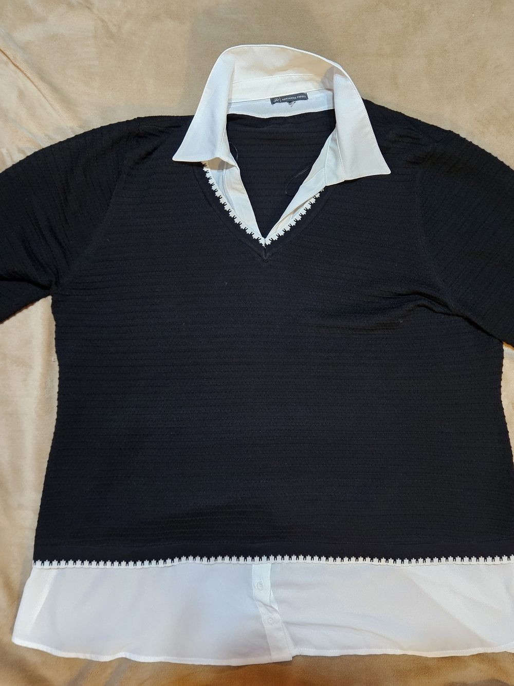 Adrianna Papell Buisiness Casual  Black and White V-Neck Layered-Look Sweater
